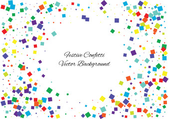 Festive color square confetti background. Abstract frame confetti texture for holiday, postcard, poster, website, carnival, birthday, children's parties. Cover confetti mock-up. Wedding card layout