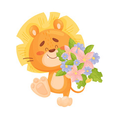 Cute lion cub with a bouquet. Vector illustration on a white background.