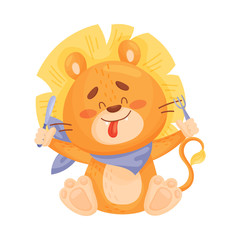 Cute lion cub is ready for dinner. Vector illustration on a white background.