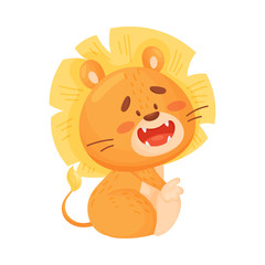 Cartoon humanized lion cub sitting. Vector illustration on a white background.