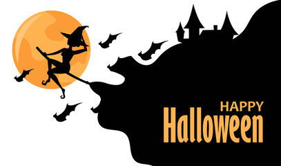 Witch flies on a broomstick with bats. Halloween poster. black silhouette and frame for text. Vector illustration.