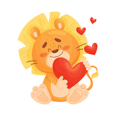 Cartoon lion cub in love sitting. Vector illustration on a white background.