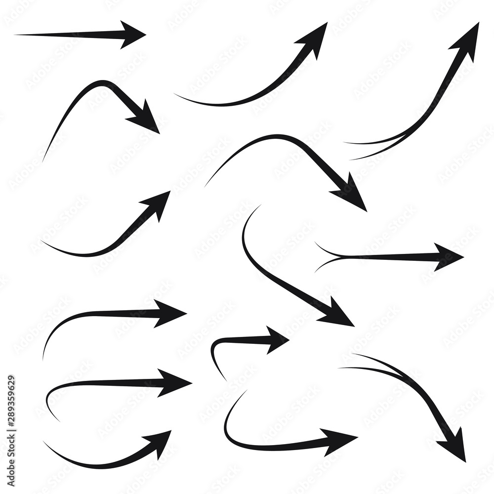 Wall mural set of vector curved arrows hand drawn. collection of pointers.