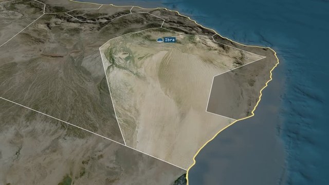 Ash Sharqiyah North - region of Oman with its capital zoomed on the satellite map of the globe. Animation 3D