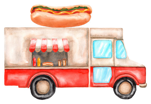 Watercolor street food truck with hot dog. Stock hand-drawn illustration isolated on white background with a cart, trolley