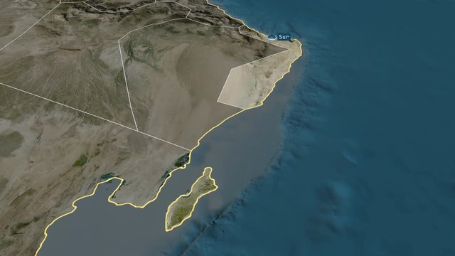 Ash Sharqiyah South - region of Oman with its capital zoomed on the satellite map of the globe. Animation 3D
