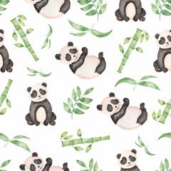 Watercolor seamless hand drawn Tropical leaves bamboo tree pattern with panda bear. Aquarelle wild leaves with wild animal for background, texture, wrapper pattern © MayaNavits