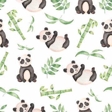 Watercolor seamless hand drawn Tropical leaves bamboo tree pattern with panda bear. Aquarelle wild leaves with wild animal for background, texture, wrapper pattern