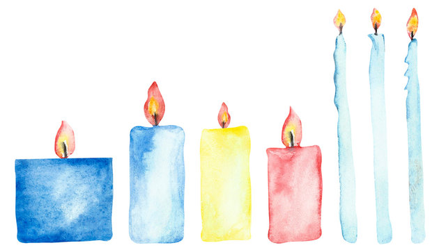 Watercolor hand painted set with different multicolored candles, blue, yellow, pink and light blue wax collection with orange flame candlelight isolated on the white background