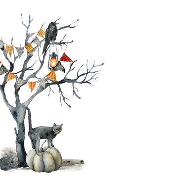 Watercolor halloween card with black tree and cat. Hand painted holiday template with crow, flag garlands, tomcat and pumpkin isolated on white background. Illustration for design, print, background.