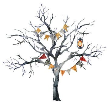 Watercolor halloween card with black tree and lantern. Hand painted holiday template with flag garlands and wood isolated on white background. Illustration for design, print or background.