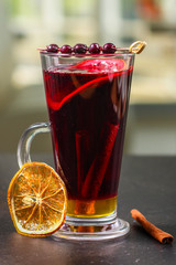 mulled wine (delicious and festive drink) menu concept. food background. copy space. Top view