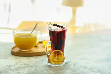 mulled wine (delicious and festive drink) menu concept. food background. copy space. Top view