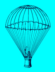 Fully deployed and descending historical parachute with a man standing in the basket and waving a flag in front of a blue background. Illustration after an etching from the 19c. Editable in layers
