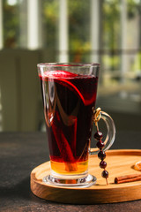 mulled wine (delicious and festive drink) menu concept. food background. copy space. Top view