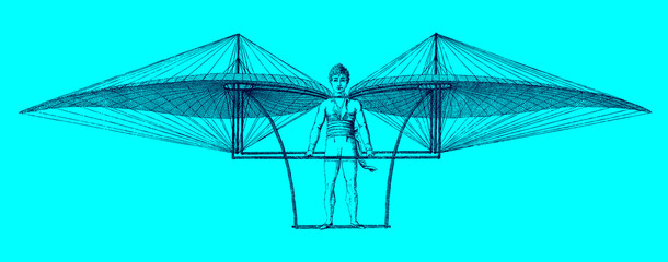 Historical man-powered flying machine with two movable wings in front of a blue background. Illustration after an engraving from the 19th century. Editable in layers