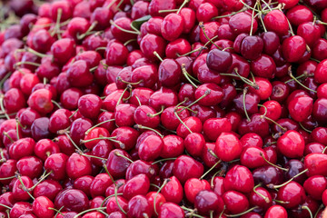 Large group fresh organic cherries available for sale at a street food market, natural red  background with soft focus