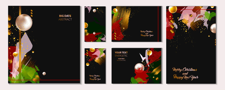 Elegant christmas creative card templates set. Collection of design invitations with gold abstraction background line color
