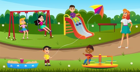 Happy Children Playing on Playground in Park.