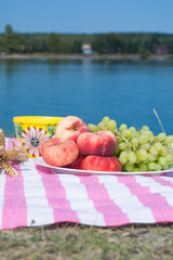 Beautiful picnic with fruits, vegetables and glasses of wine near lake. 