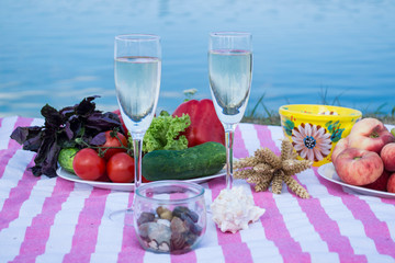 Beautiful picnic with fruits, vegetables and glasses of wine near lake. 