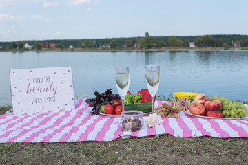 Beautiful picnic with fruits, vegetables and glasses of wine near lake. 