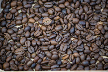 coffee beans on burlap background