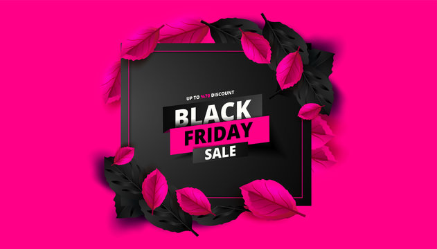 Black Friday. Sale and discounts flat trendy banners.  Black friday calligraphy in square with black and pink leaves in the background. Vector illustration.