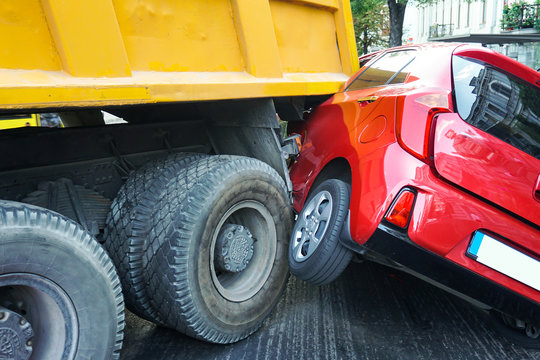 Truck And Car Crash Collision Accident On Gas Station, Traffic Accident. Car Crash