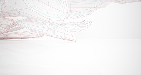 Drawing abstract architectural white interior of a minimalist house with large windows. 3D illustration and rendering.