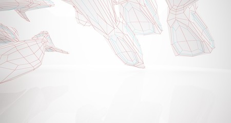 Drawing abstract architectural white interior of a minimalist house with large windows. 3D illustration and rendering.