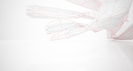 Drawing abstract architectural white interior of a minimalist house with large windows. 3D illustration and rendering.