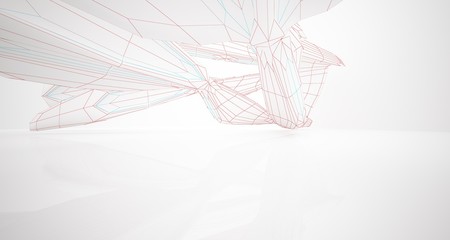 Drawing abstract architectural white interior of a minimalist house with large windows. 3D illustration and rendering.