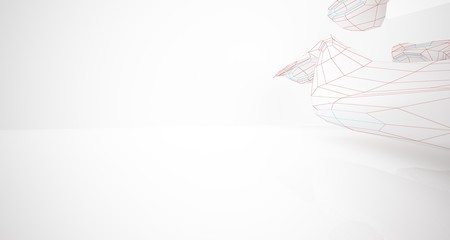 Drawing abstract architectural white interior of a minimalist house with large windows. 3D illustration and rendering.