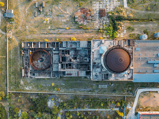 Abandoned and ruined unfinished Nuclear Power Plant for heat supply in Voronezh, aerial view from...