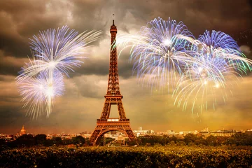 Fotobehang celebrating the New Year in Paris Eiffel tower with fireworks © Melinda Nagy