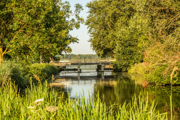 Landscape with peat river Kromme Aar in Alphen aan den Rijn during sunrise with warm colors and tree-covered banks and view on bridge in Burgemeester Bruins Slotsingel towards Zegeplas