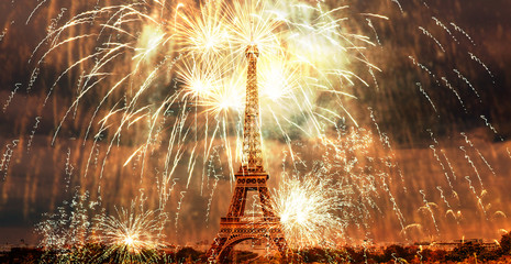 celebrating the New Year in Paris Eiffel tower with fireworks