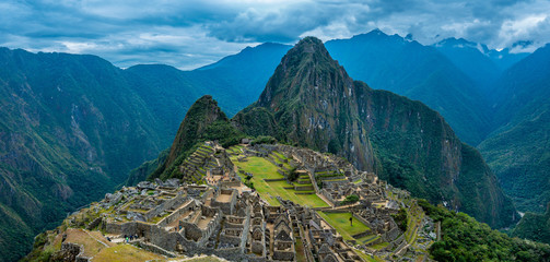 Panoramic view of the lost inca city Machu Picchu in Peru.