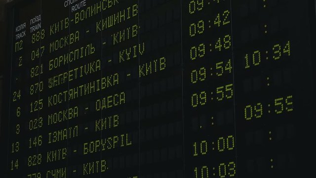 Train timetables Departure electronic digital screen board in Kiev timetable in real time, Ukraina.