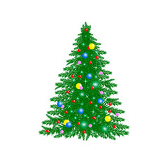 decorated Christmas tree with colorful balls on white background. New year symbol
