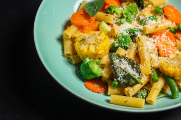 pasta vegetables (tasty and healthy salad, Italian cuisine) menu concept. food background. copy space. Top view