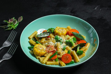 pasta vegetables (tasty and healthy salad, Italian cuisine) menu concept. food background. copy space. Top view