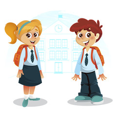 Happy Boy and Girl with Backpack in front of School Building