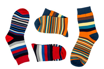 Flat lay of male striped socks isolated on white background