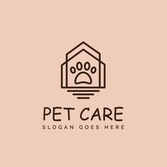 Modern simple pet shop clinic home care logo design with house and dog or cat footprints