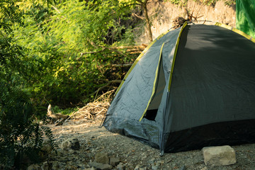 camping tent in natural foliage forest environment in sunny weather time, travel and tourism life style concept picture