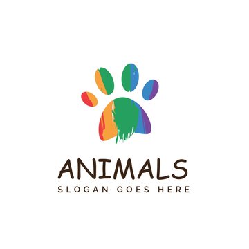 Colorful rainbow paw dog or cat footprints pet shop clinic home care logo design