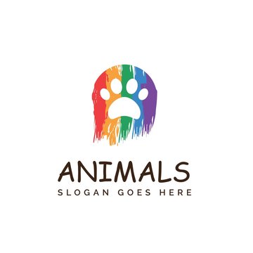 Rainbow paw dog or cat footprints pet shop clinic home care logo design