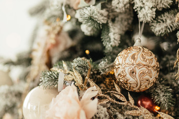 Decorated Christmas tree. Beautiful holiday decorated room with Christmas tree, Merry Christmas and happy new year